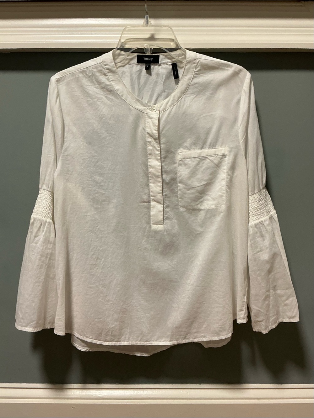 Theory Women’s L White Voile Cotton Blouse With Smocked Flare Sleeves